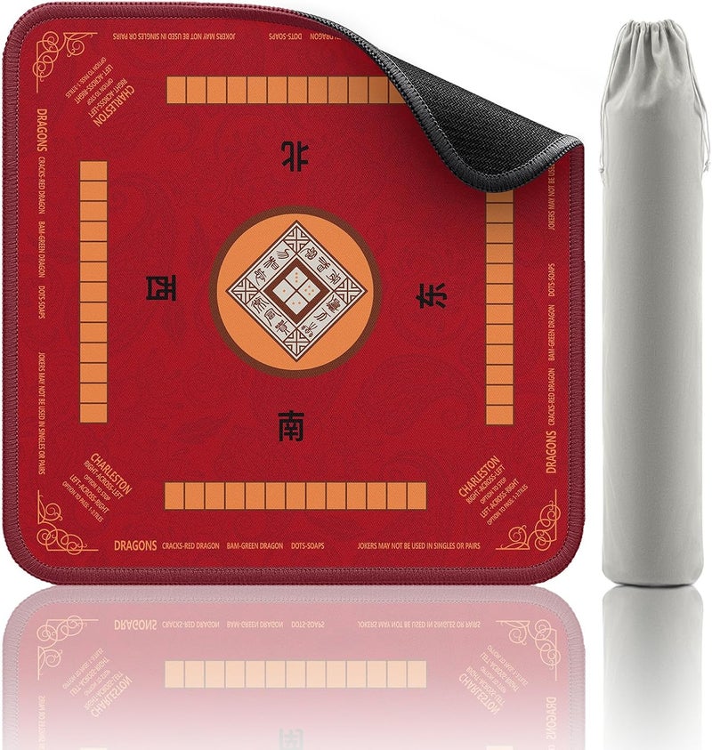 2F22E Mahjong Mat with Rules Card, Noise Reduction Non-Slip Mahjong Mat for Table Board Games Table Mat, Card Games, Tile Games, Dominoes (Red) - Image 1